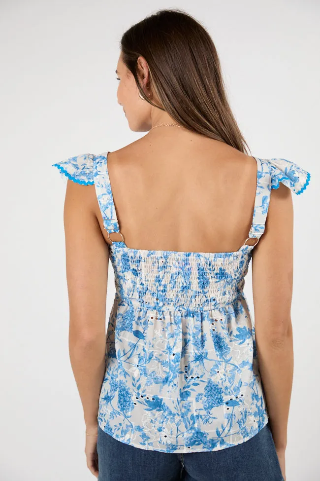 All I've Got Blue Floral Print Rick Rack Trim Tank