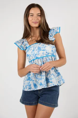 All I've Got Blue Floral Print Rick Rack Trim Tank