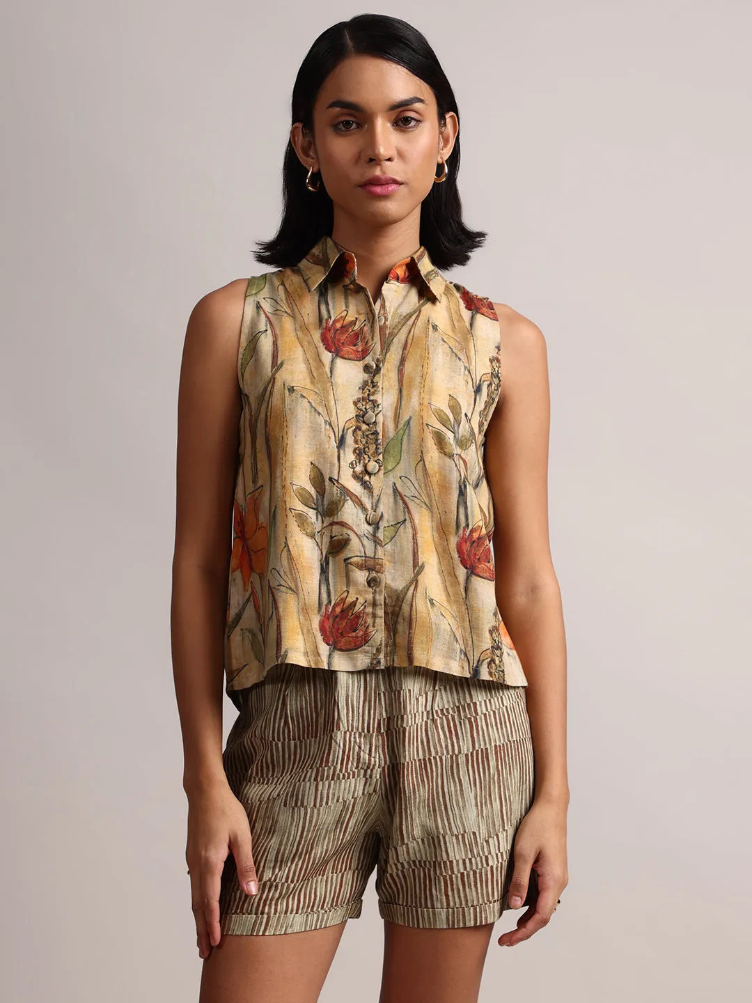 Beige Cotton Linen Floral Print Straight Co-Ord Set