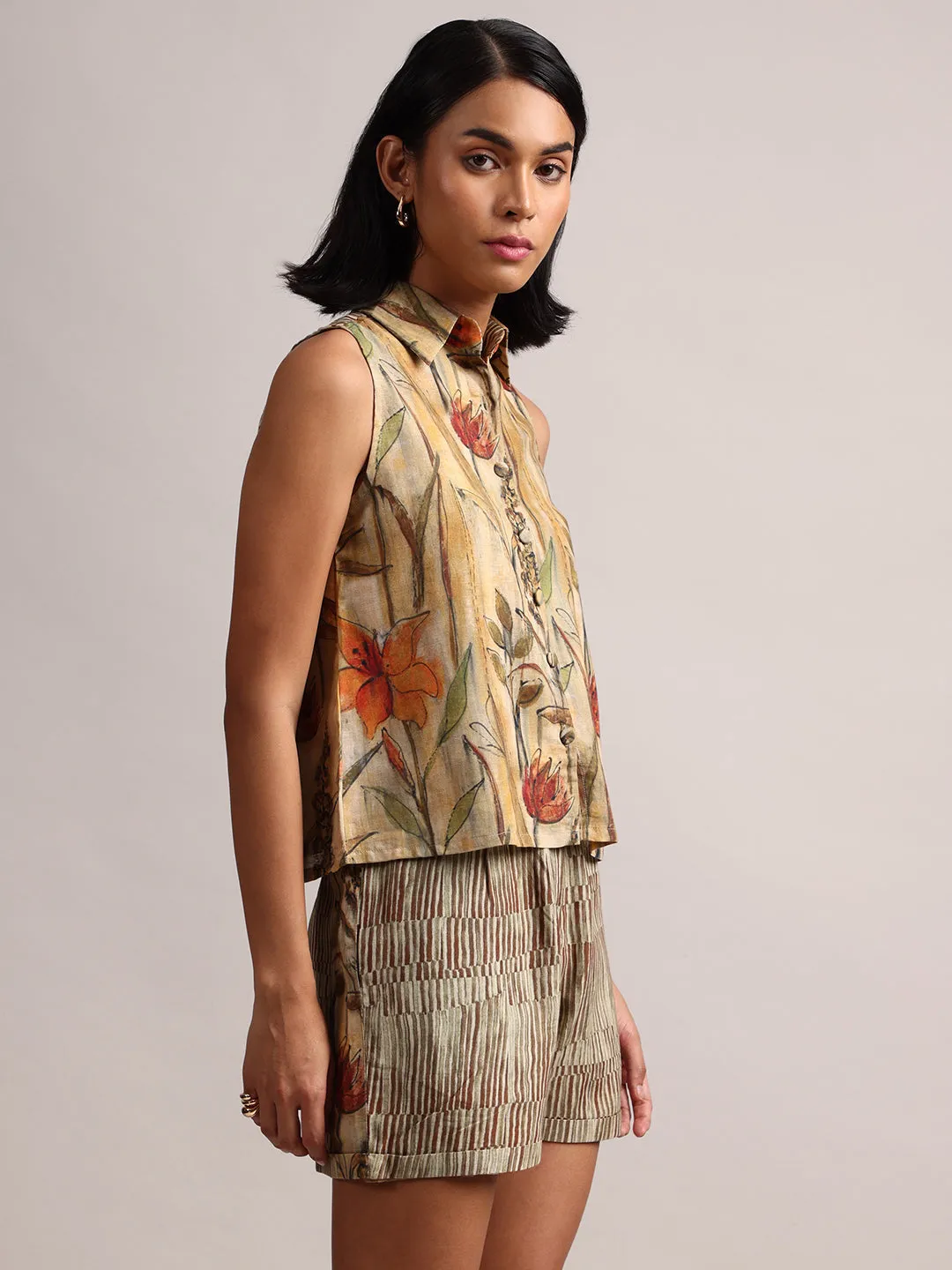 Beige Cotton Linen Floral Print Straight Co-Ord Set