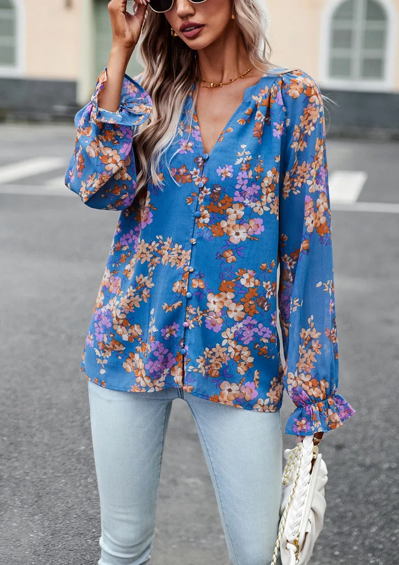Blue Floral Print V-Neck Long-Sleeved Loose Shirt Top