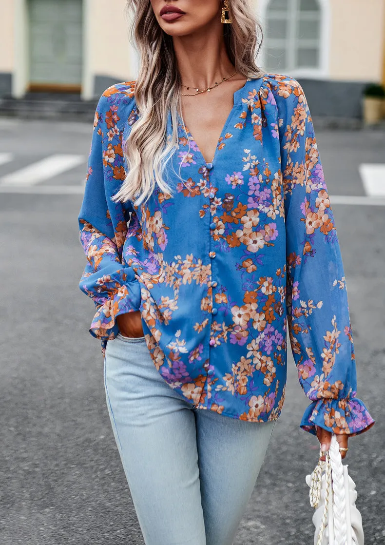 Blue Floral Print V-Neck Long-Sleeved Loose Shirt Top