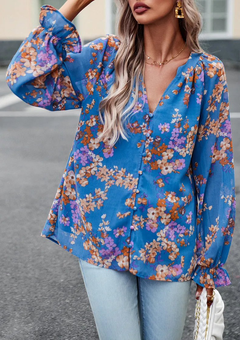 Blue Floral Print V-Neck Long-Sleeved Loose Shirt Top
