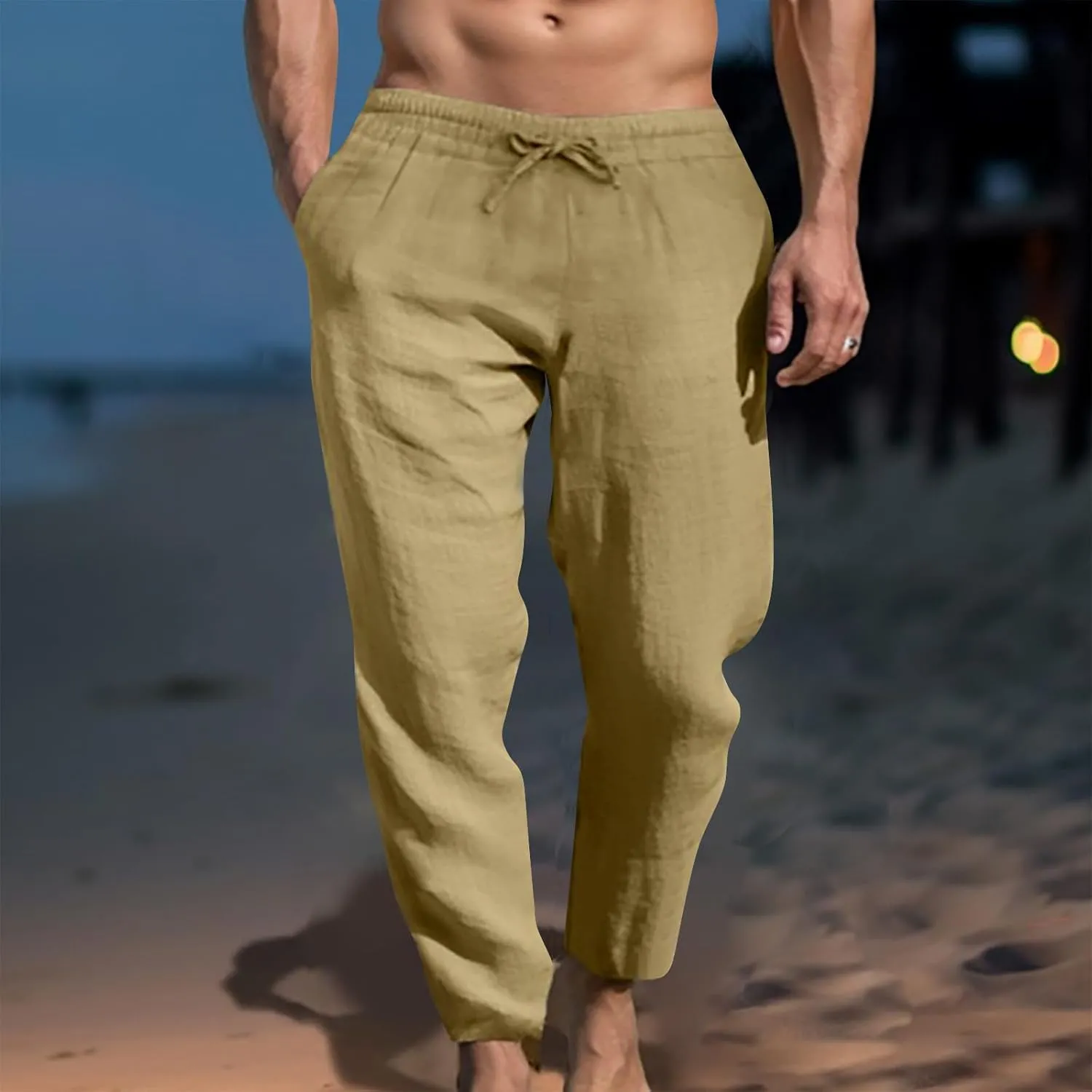 Ctreela Men's Summer Linen Pants Casual Lightweight Drawstring Elastic Waist Beach Pants Straight Leg Breathable Yoga Pants