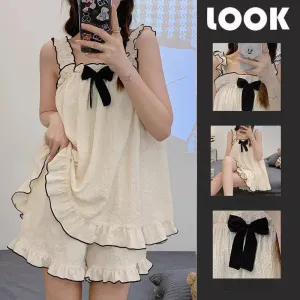 Dermearne 3 Pajama Sets Women Sleeveless Bow Summer Cool Sweet Sleepwear Princess Soft Comfortable Loungewear Tender Girlish Cozy Homewear