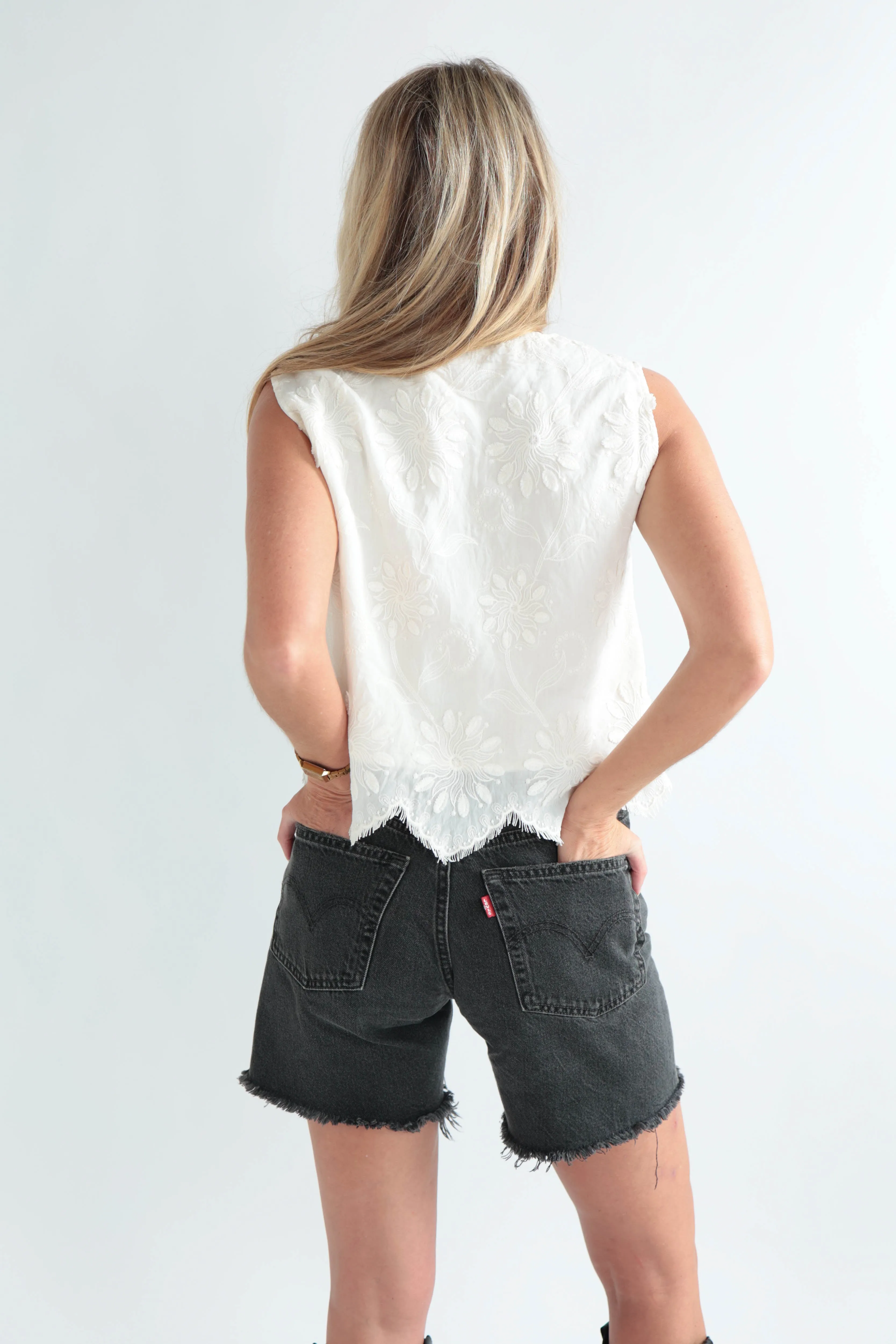 Floral Embroidery Front Tie Sleeveless Top