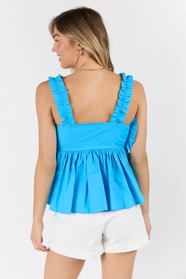 Having The Time Of My Life Blue Smocked Bust Ruffle Detail Tank