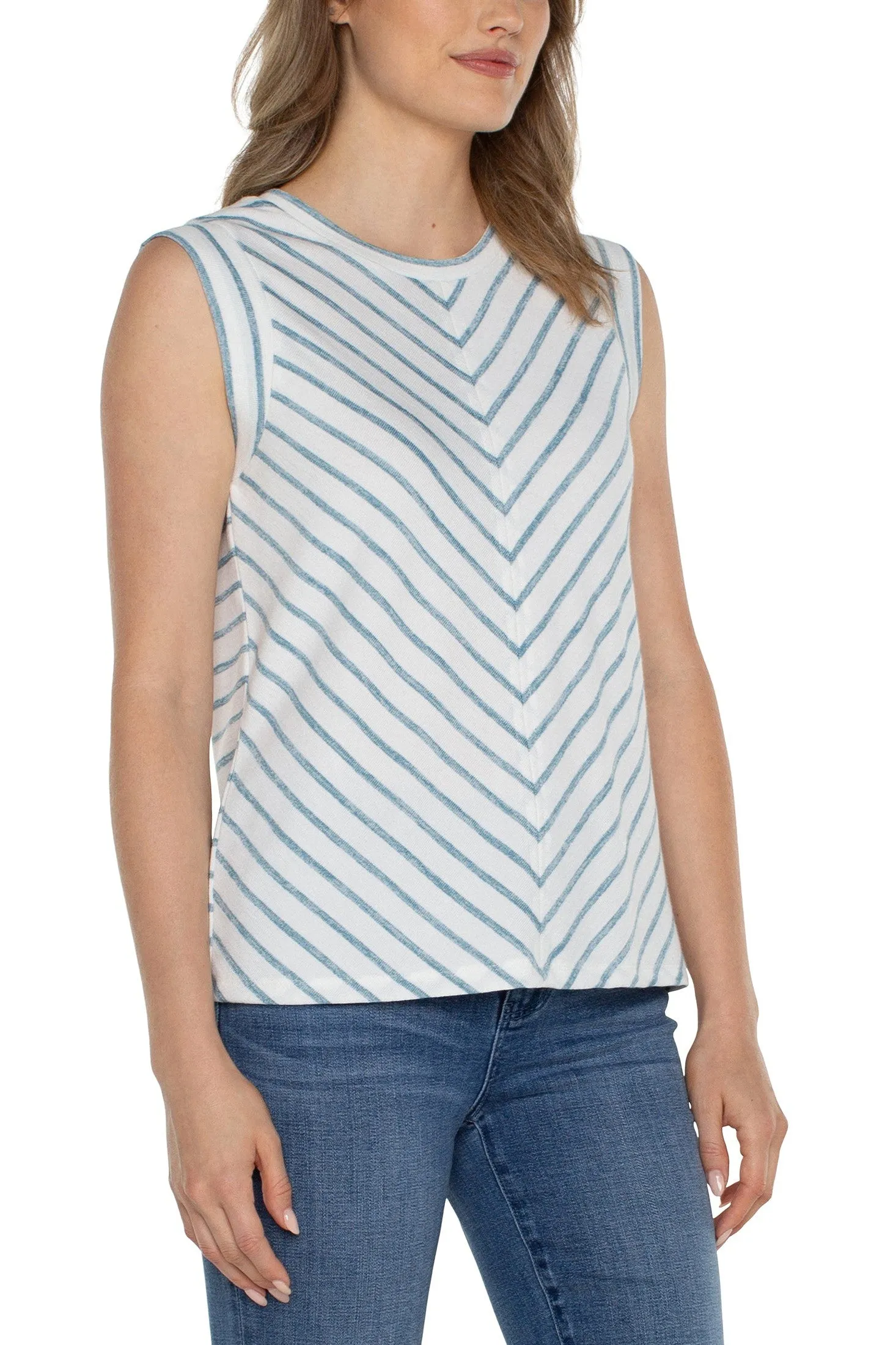 Liverpool Scoop Neck Modern Muscle Tee With Miter Front In Ocean Blue Stripe