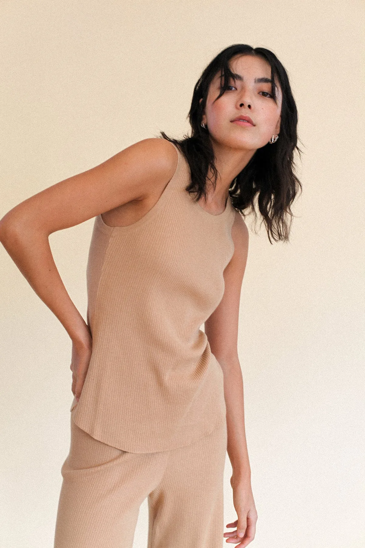 Signature Rib Knit Tank - Tan