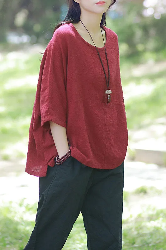 Summer casual linen top with half sleeve for women J009-6